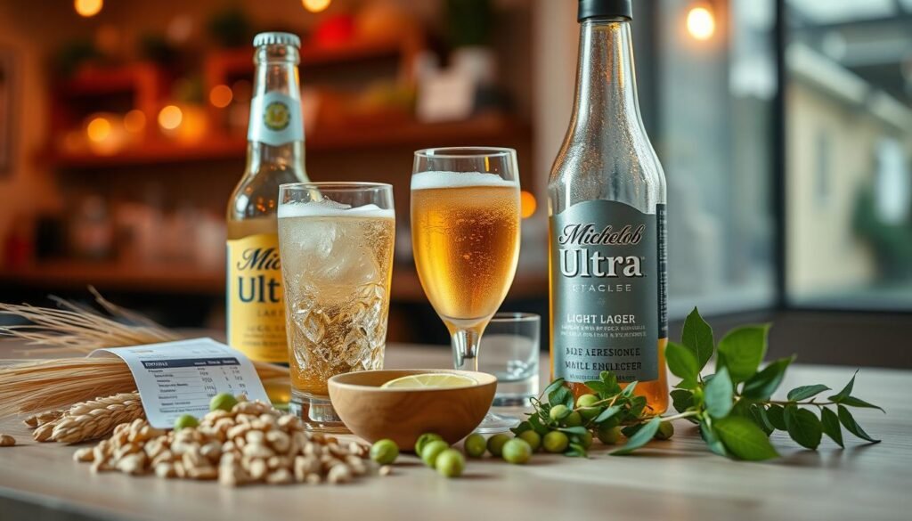 A beautifully arranged flat lay of light lager nutrition elements, prominently featuring a chilled bottle of light lager, such as Michelob Ultra, alongside a sleek glass filled with golden, bubbly beer. In the foreground, neatly spaced ingredients like barley, hops, and a small bowl of nutritional information cards can be seen, emphasizing the beer's light profile. The middle ground showcases a fresh lime wedge and delicate herbs, enhancing the appeal. The background hints at a cozy bar setting with warm, ambient lighting, evoking a relaxed and inviting atmosphere. Use soft focus depth of field to draw attention to the beer and ingredients, capturing a refreshing and healthy vibe. The scene should feel vibrant yet soothing, ideal for a beverage that emphasizes wellness.