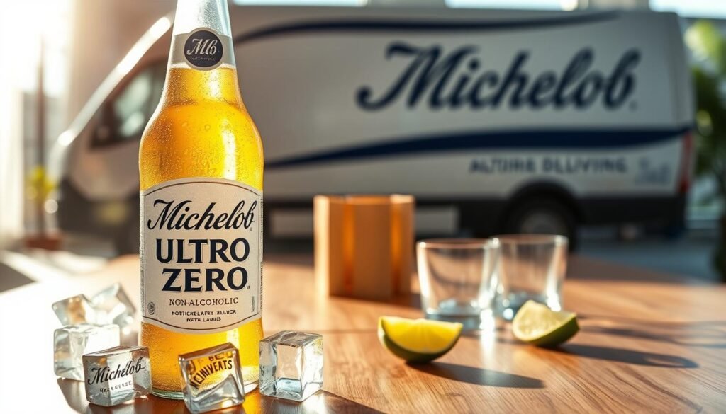 A beautifully arranged scene featuring a chilled bottle of Michelob Ultra Zero in the foreground, glistening with condensation. The label is prominently displayed, emphasizing its non-alcoholic nature. Surrounding the bottle are decorative ice cubes and a few slices of fresh lime, enhancing its refreshing appeal. In the middle ground, a sleek wooden table is shown, with a few elegant glasses set beside the bottle, hinting at a casual gathering. The background features a soft-focus delivery van with the Michelob logo, conveying a sense of logistics and shipping. The atmosphere is light and inviting, with natural sunlight streaming in, creating a warm glow that highlights the product's clean lines. The shot is taken from a low angle, emphasizing the bottle's stature.