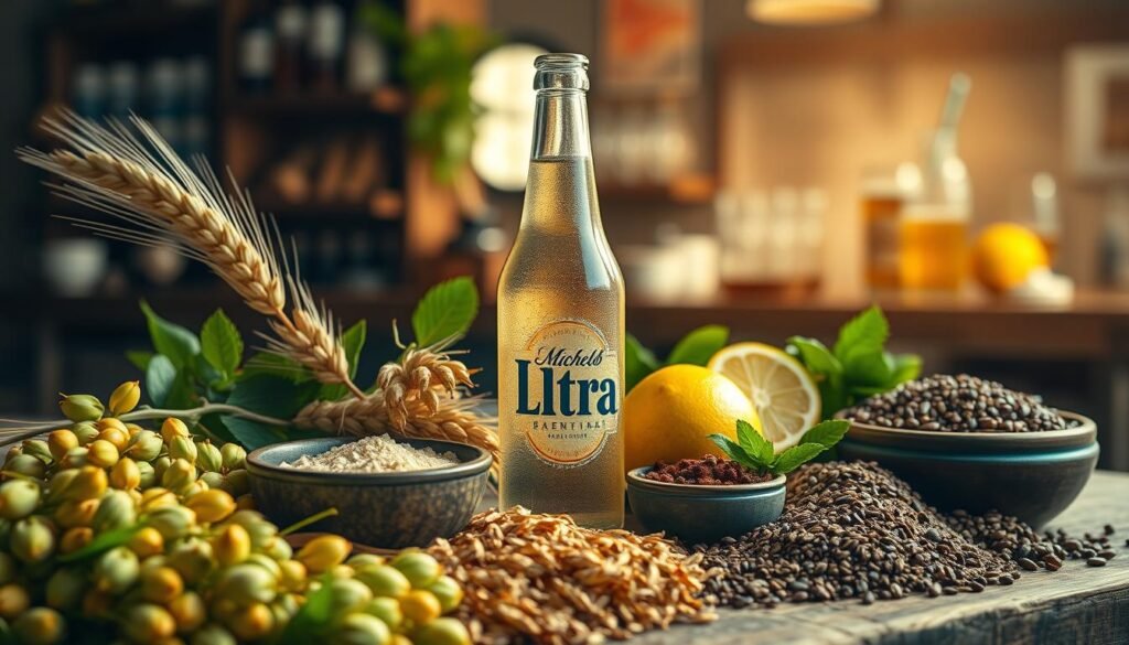 A beautifully arranged still life showcasing premium American ingredients that exemplify quality and craftsmanship. In the foreground, include vibrant golden grains, lush hop flowers, and glistening clusters of fresh barley. The middle layer features a sleek glass bottle of Michelob Ultra, artfully lit to highlight its clarity and sleek design. Surround the bottle with small bowls of aromatic spices, a sprig of refreshing citrus, and contrasting textures of rich malts. In the background, softly blurred, display a rustic wooden bar and a warm, inviting ambiance with gentle morning light filtering through, casting a golden glow on the ingredients. The overall mood should evoke a sense of freshness, quality, and craftsmanship in brewing, creating an inviting atmosphere that celebrates the essence of superior ingredients.