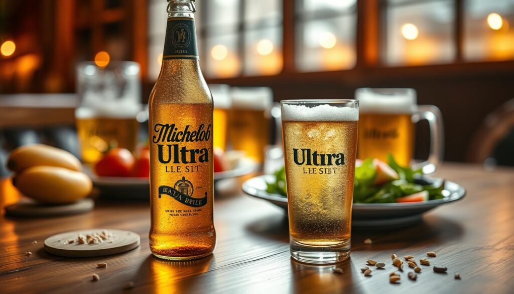 A beautifully arranged table displaying a cold bottle of Michelob Ultra with condensation glistening on the glass; the foreground features a clear glass filled with the beer, revealing its light golden hue. Beside it, a balanced plate of fresh fruits and a light salad, hinting at health-conscious choices. In the middle ground, an elegant wooden surface textured with rustic elements like coasters and scattered grains. In the background, blurred frosty beer mugs hint at a social setting, with warm, inviting lighting creating a cozy atmosphere. Capture the scene with a soft focus, using a 50mm lens to subtly emphasize the bottle and glass, while enveloping the setting in a bright yet relaxing vibe.