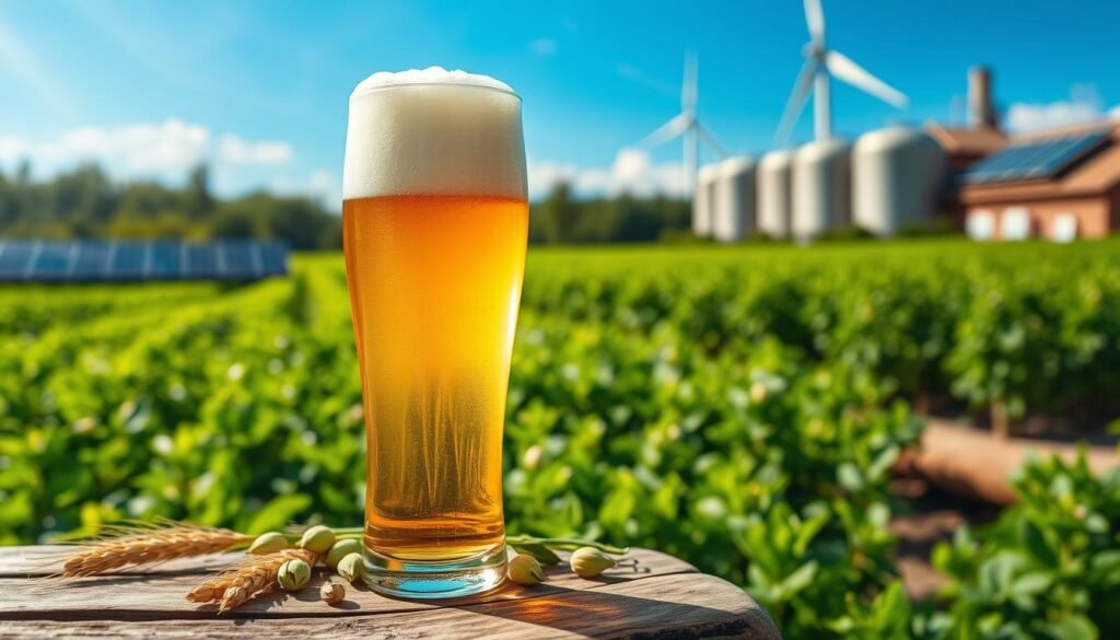 A beautifully crafted beer label featuring a sustainably made craft beer. In the foreground, a clear glass filled with golden beer, topped with a frothy white head, sits on a rustic wooden table. A few barley grains and green hops are carefully arranged beside the glass. In the middle ground, a backdrop of a vibrant green hop field under a bright blue sky, with sunlight filtering through the leaves, creates a sense of freshness and nature. In the background, an eco-friendly brewery with solar panels and a wind turbine, symbolizing sustainability initiatives, adds context. Use soft, natural lighting to enhance the organic feel of the scene, with a shallow depth of field focusing on the beer glass, creating an inviting atmosphere celebrating sustainable brewing practices.