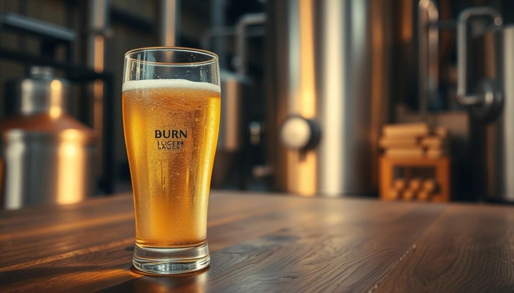 A beautifully crafted light lager beer sits elegantly in a frosted glass, capturing the essence of refreshment. The foreground features the glass filled with a golden, bubbly brew, sunlight refracting through the liquid, highlighting its sparkling clarity. Surrounding the glass, delicate condensation droplets add a refreshing touch. In the middle ground, a rustic wooden table offers a warm, inviting texture, complemented by soft, natural shadows. The background showcases a blurred brewery setting, with hints of brewing ingredients like hops and barley softly illuminated by warm ambient lighting. A gentle, inviting atmosphere envelops the scene, evoking the craftsmanship behind this light lager. The image is shot from a slightly elevated angle, using a soft focus to create a dreamy, appealing representation.