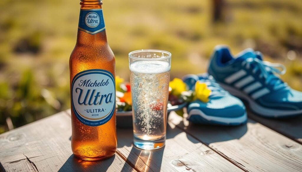 A chilled Michelob Ultra beer bottle, dew glistening on the glass, is set in the foreground on a rustic wooden table. The bottle is positioned upright, with the iconic blue and white label clearly visible. In the middle of the scene, a refreshing half-filled glass of Michelob Ultra sits beside the bottle, capturing the sunlight and casting a subtle shadow on the table. Surrounding the glass, there is a light, vibrant salad, symbolizing healthy eating, and a pair of sporty running shoes. In the softly blurred background, hints of green grass and a bright blue sky suggest an active lifestyle. The mood is lively and refreshing, with warm, inviting lighting emphasizing the allure of enjoying a light beer outdoors after exercise. Shot with a shallow depth of field to capture both the bottle and glass in sharp focus.