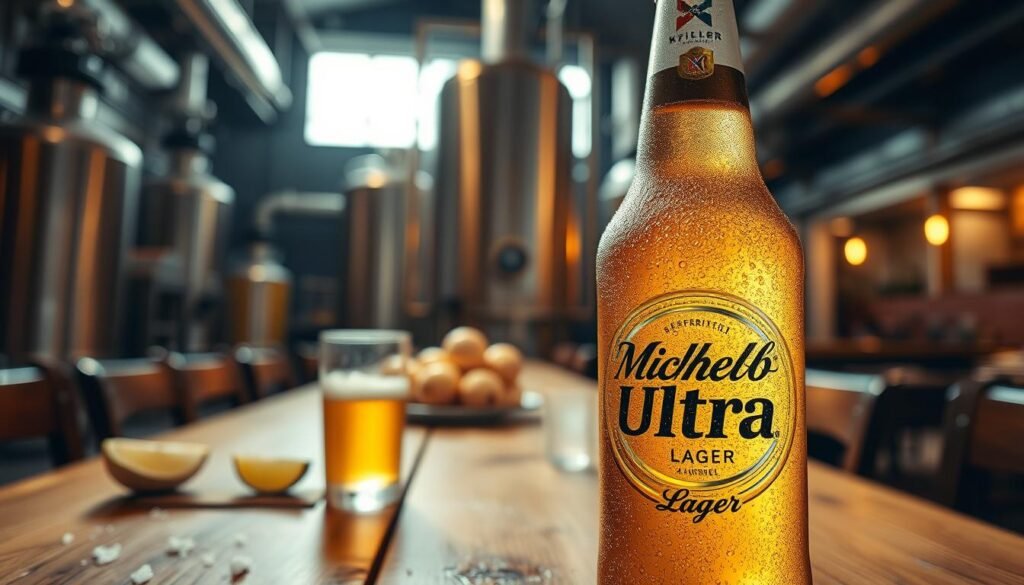 A chilled bottle of Michelob Ultra lager prominently displayed in the foreground, showcasing its sleek design and light golden color. Beads of condensation cover the glass, emphasizing its refreshing quality. In the middle ground, an elegantly set wooden table with a rustic feel complements the beer, while an assortment of fresh ingredients, like lime wedges and salt, hint at flavor. The background features a soft, blurred brewery interior with warm, ambient lighting reminiscent of a cozy pub atmosphere. The overall mood is inviting and casual, perfect for a relaxed gathering, illuminated by soft, natural light to enhance the lager’s effervescence. Aim for a focus that captures the essence of light, refreshing drinking experience.