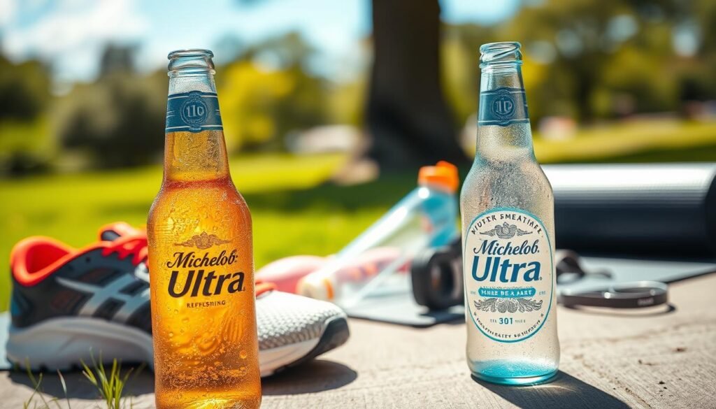 A chilled bottle of Michelob Ultra sits prominently in the foreground, glistening with condensation, emphasizing its refreshing nature. The label is clearly visible, highlighting its sleek design. In the middle ground, an assortment of athletic gear such as running shoes, a water bottle, and a yoga mat are neatly arranged, subtly indicating a lifestyle of physical activity and wellness. The background features a soft-focus outdoor scene with a sunny park setting, showcasing vibrant green grass and a clear blue sky. The lighting is bright and natural, evoking a cheerful atmosphere, with sunlight enhancing the freshness of the beer. The angle is slightly elevated, capturing the product's appeal while promoting a healthy, active lifestyle without text or distractions.