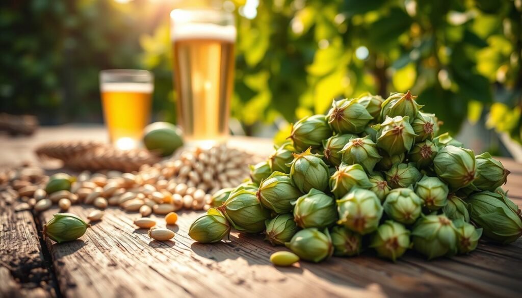 A close-up composition featuring fresh, vibrant hops as the main focus, displaying their rich green colors and unique cone shapes. In the foreground, a handful of hops is artistically laid out on a rustic wooden surface, showcasing their texture and freshness. The middle ground includes a selection of barley grains and a glass of pale golden beer, hinting at the brewing process. In the background, soft-focus images of hop plants climbing a trellis under warm, natural sunlight create a serene and inviting atmosphere. The lighting is warm and inviting, emphasizing the quality of the ingredients. The overall mood is one of craftsmanship and freshness, reflecting the essence of premium brewing.