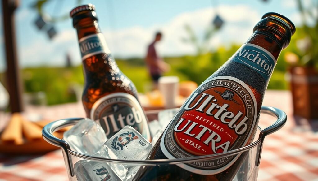 A close-up image of a chilled Michelob Ultra beer bottle, prominently displayed in the foreground, showcasing its sleek, appealing design and distinctive label. The bottle is nestled in an elegantly arranged ice bucket filled with ice cubes, reflecting both the beer's refreshing quality and crisp taste. In the middle background, there is a blurred view of a summer picnic scene with lush greenery and blue skies, embodying a relaxed and vibrant outdoor atmosphere. Soft, natural lighting enhances the image, giving a warm glow that accentuates the condensation on the bottle. The angle captures the bottle slightly tilted, inviting viewers to appreciate its refreshing allure. There are no people in the scene, ensuring focus remains solely on the product.