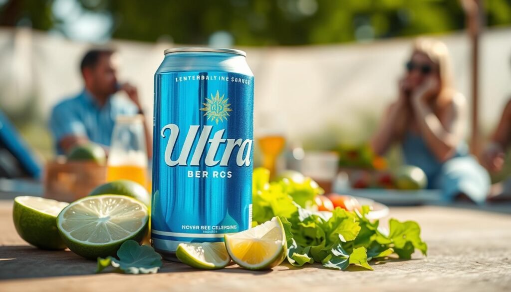 A close-up image of a chilled Michelob Ultra beer can placed on a wooden table, surrounded by fresh ingredients that reflect a healthy lifestyle, such as slices of lime, and a few pieces of vibrant green lettuce. In the background, soft-focused scenes of an outdoor picnic with people enjoying a healthy meal can be seen, creating a sunny, inviting atmosphere. The lighting is bright and natural, evoking a feeling of freshness and vitality, as if it were a perfect day for outdoor relaxation. The camera angle is slightly tilted down towards the can, emphasizing the vibrant blue and silver can design, while ensuring an overall professional look without any text or distractions.