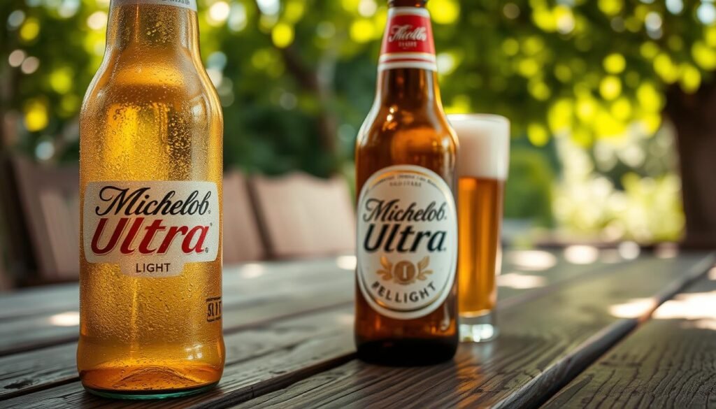 A close-up of a chilled Michelob Ultra beer bottle, glistening with condensation, placed on a rustic wooden table. The foreground features the bottle prominently, showcasing its sleek design with the label clearly visible, emphasizing the "Light" branding. In the middle ground, a refreshing glass of beer filled with golden liquid and a frothy head sits beside the bottle, reflecting the light beautifully. The background includes a soft-focus outdoor setting, with lush greenery and subtle sunlight filtering through leaves, creating a warm and inviting atmosphere. The lighting is soft yet vibrant, hinting at a leisurely summer day. The image should evoke a sense of relaxation and enjoyment, perfect for a casual gathering.