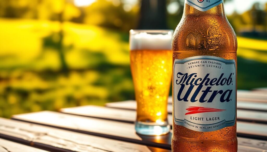 A close-up of a chilled Michelob Ultra light beer bottle, glistening with condensation, placed on a wooden picnic table. In the foreground, the bottle is prominently displayed, with the label clearly visible, showcasing the iconic Michelob Ultra branding. In the middle ground, a refreshing, frosty glass of beer sits next to the bottle, filled to the brim with effervescent golden liquid and a frothy white head. The background features a blurred outdoor scene with green grass and trees bathed in warm, golden sunlight, evoking a relaxed, social atmosphere. Soft natural lighting illuminates the scene, emphasizing the refreshing qualities of this light lager. The overall mood is vibrant, inviting, and perfect for an active lifestyle.