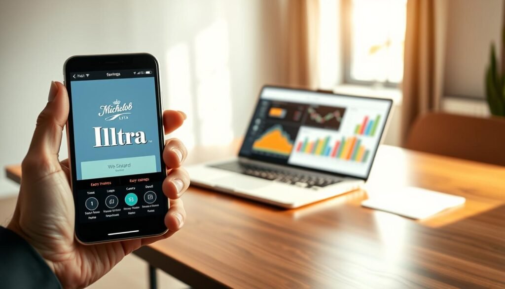 A close-up of an elegant smartphone displaying a digital rebate platform interface, with the Michelob Ultra logo subtly integrated into the design. In the foreground, focus on the smartphone held in a professional's hand, showcasing user-friendly features like easy navigation and attractive savings graphics. In the middle ground, have a vibrant laptop open on a polished wooden desk, displaying colorful charts that represent savings trends and user engagement. The background features a modern, well-lit workspace with soft natural light filtering through a window, creating a bright atmosphere. The mood is optimistic and professional, reflecting the efficiency and benefits of digital rebate platforms in a contemporary business environment. Ensure the scene is clean and uncluttered, emphasizing a seamless digital experience.