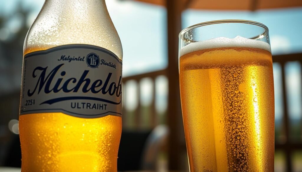 A close-up shot of an elegant, frosty Michelob Ultra Light Beer bottle gleaming under soft, diffused lighting, emphasizing its refreshing quality. The foreground showcases the bottle in crisp focus, with dew drops glistening on its surface, while a perfectly poured glass of the beer sits beside it, showcasing its light golden color and fine bubbles rising. The middle ground features a blurred background of a serene outdoor setting, suggesting a sunny day with a hint of greenery and light blue sky, creating a relaxed, inviting atmosphere. The image should evoke a sense of celebration and enjoyment, with a bright and vibrant mood, captured from a slightly angled perspective for dynamic interest.