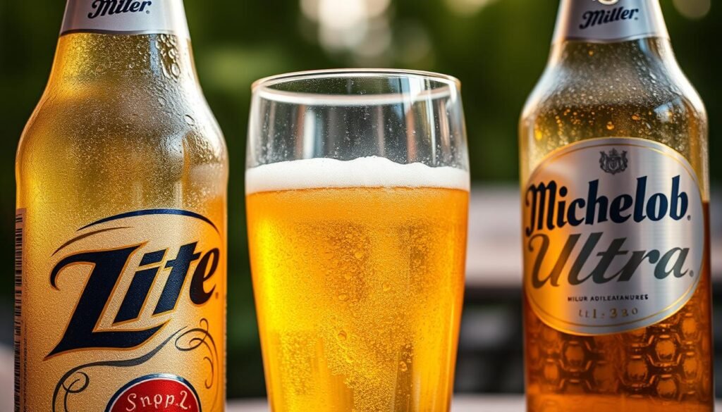 A close-up shot showcasing two distinct light beer bottles side by side, one representing Miller Lite and the other Michelob Ultra. The foreground features the bottles with condensation, emphasizing their refreshing qualities. In the middle, a frosty glass is filled with golden beer, capturing the effervescence and lightness, with bubbles rising to the surface. The background consists of a softly lit outdoor patio setting, with blurred greenery, creating a relaxed atmosphere. The lighting is warm and inviting, reflecting the golden tones of the beer. The composition should evoke a sense of crispness and enjoyment, inviting viewers to experience the differences in taste and mouthfeel between the two beers.