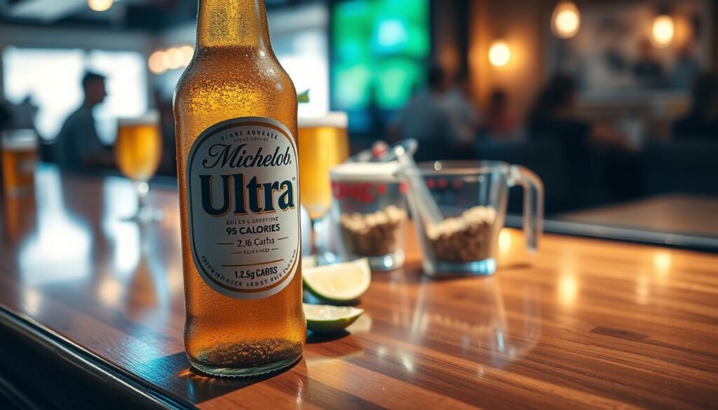 A close-up view of a Michelob Ultra beer bottle placed on a polished wooden bar countertop, with condensation glistening on the glass. In the foreground, the bottle is slightly angled, showcasing its label that highlights "95 Calories" and "2.6g Carbs." In the middle background, there are fresh lime wedges and a measuring cup with grains and hops, representing its ingredients. Soft, warm lighting creates a cozy pub atmosphere, casting gentle shadows that emphasize the bottle's sleek design. The background includes blurred silhouettes of beer glasses and patrons, adding a lively but unobtrusive ambiance. Capture this scene with a shallow depth of field, focusing on the bottle while slightly blurring the background details to maintain a professional, clean look.