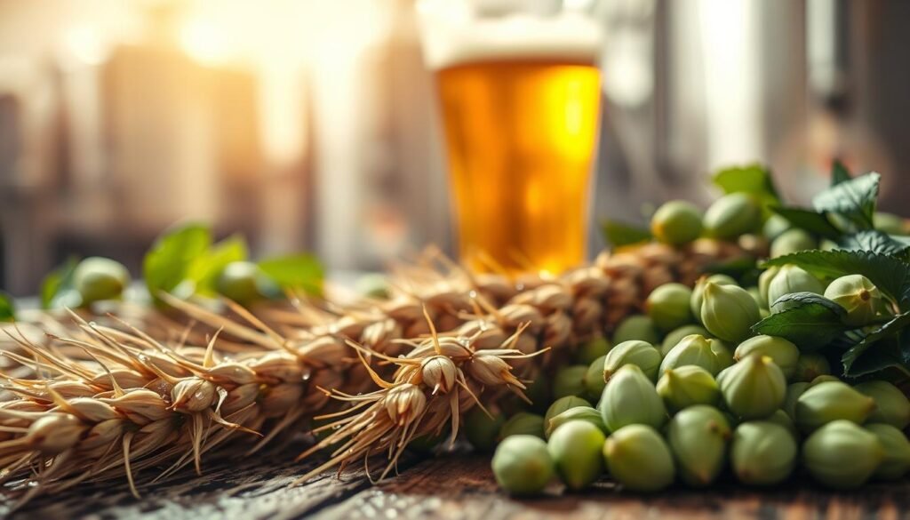 A close-up view of fresh barley grains and aromatic hops, arranged artistically on a rustic wooden table. In the foreground, golden barley spikes glisten in the soft, warm light, with dew drops reflecting the light. Around them, vibrant green hops conspire to form an inviting natural palette. In the middle ground, a blurred glass of beer captures the essence of the brewing process, showcasing a rich amber color that hints at quality. In the background, soft-focus brewing equipment can be faintly seen to create a brewery ambiance. The lighting should create a warm, inviting atmosphere, conveying a sense of craftsmanship and quality. Use a shallow depth of field to emphasize the barley and hops, enhancing their textures while softly fading the background.