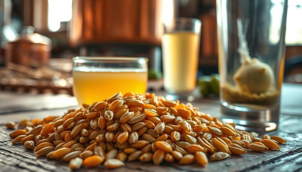 A close-up view of golden barley malt grains on a rustic wooden surface, showcasing their rich amber and honey hues. In the foreground, a handful of the barley grains, glistening with natural oils, rests next to a clear glass full of pale golden liquid resembling beer. The middle layer features a softly blurred background of a brewing setup, including a copper pot and hops, bathed in warm, inviting light. Sunlight filters gently from a nearby window, creating a serene and warm atmosphere. Use a shallow depth of field to emphasize the grains while softly blurring the background, providing an intimate perspective on this essential ingredient in brewing. The overall mood should be cozy and informative, ideal for an article about beer ingredients.