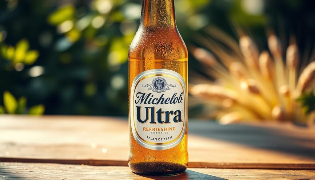 A cold bottle of Michelob Ultra rests on a rustic wooden table, glistening with condensation. The foreground showcases the label prominently, focusing on its sleek design and refreshing appearance. In the background, soft-focus greens of hops and barley hint at the natural ingredients used in brewing the beer, fostering an organic feel. Warm, natural lighting filters from the side, casting gentle shadows that add depth to the scene. The angle is slightly elevated, creating a dynamic composition that invites the viewer to appreciate the beverage's clarity and golden color. The overall atmosphere is refreshing and inviting, evoking a sense of outdoor leisure and health consciousness.