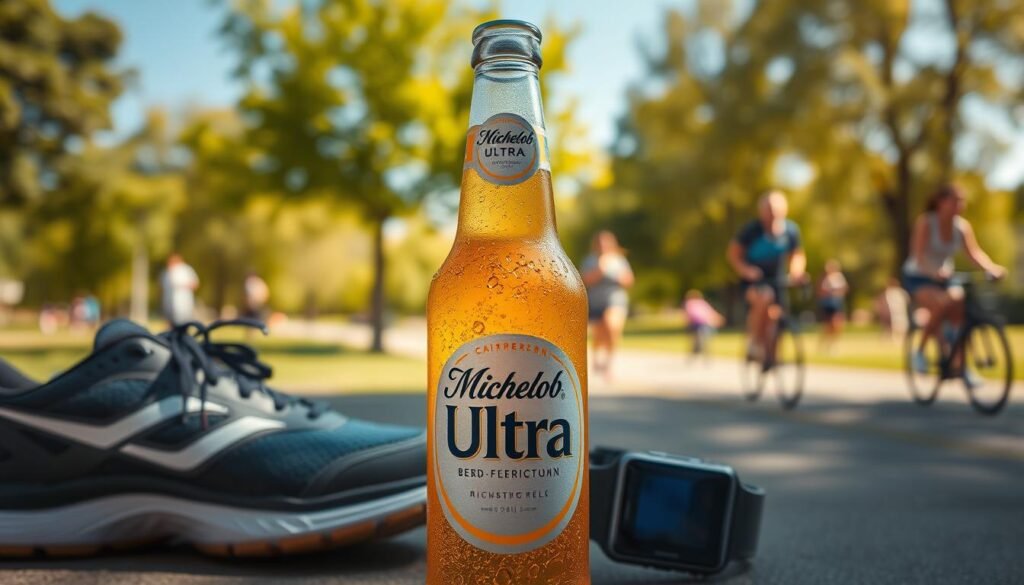 A cold, refreshing Michelob Ultra beer bottle centered in the foreground, beads of condensation glistening on its sleek label. Surrounding it, a pair of running shoes and a fitness tracker, symbolizing an active lifestyle. In the middle ground, a blurred scene of a sunlit park where people are jogging and cycling, exuding health and vitality. The background features lush green trees and a clear blue sky, enhancing the outdoor atmosphere. The lighting is bright and natural, illuminating the bottle with a soft glow. The overall mood is energetic and uplifting, showcasing how Michelob Ultra fits seamlessly into an active, health-conscious lifestyle. The image should be vibrant and inviting, with no text or watermarks present.