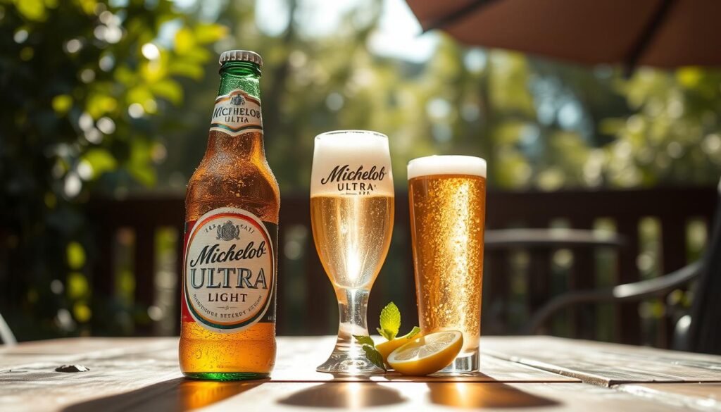 A cold, refreshing bottle of Michelob Ultra Light rests on a rustic wooden table, glistening with condensation. The foreground features the beer bottle prominently, showcasing the label’s details in vibrant colors. In the middle, a half-filled glass of the beer catches the light, revealing its golden hue and frothy head. Surrounding the glass, a few slices of lemon and a sprig of mint add a splash of freshness. The background is softly blurred, featuring a sunlit outdoor patio setting with lush greenery, evoking a warm and inviting atmosphere. Natural light filters through, creating a soft and cheerful ambiance. The angle is slightly elevated, capturing both the bottle and glass in a dynamic composition. The overall mood is refreshing and lively, perfect for showcasing the health-conscious appeal of Michelob Ultra.