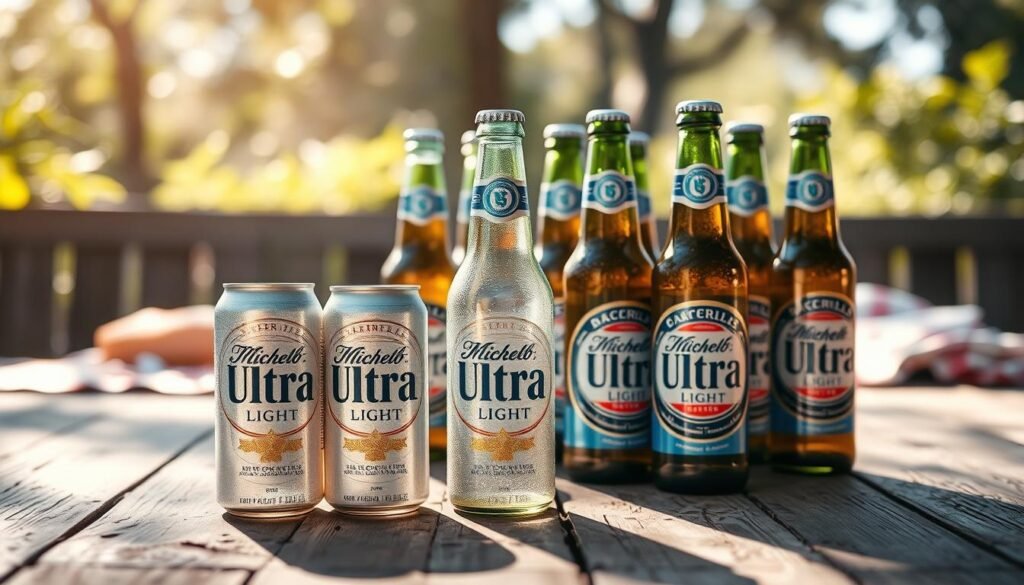 A crisp, refreshing still life arrangement featuring Michelob Ultra light bottles and cans on a rustic wooden surface. In the foreground, prominently display a few open cans alongside a cool bottle, their condensation glistening in soft natural light. The middle ground includes additional bottles, creating a casual gathering that invites the viewer to consider the various serving sizes. In the background, softly blurred, hint at a sunlit outdoor setting, perhaps a picnic or backyard barbeque scene, with foliage gently swaying. Use a shallow depth of field to emphasize the products, capturing the essence of light refreshment. The atmosphere should convey a laid-back, approachable vibe, perfect for enjoying in good company, evoking the spirit of leisure and socializing.