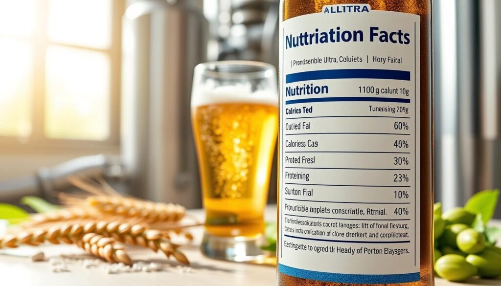 A detailed graphic representation of Michelob Ultra nutritional facts, featuring a clean layout of the nutrition label with precise figures presented prominently. In the foreground, showcase the label with an emphasis on calories, carbohydrates, and protein. The middle layer should include visually appealing elements like frosted beer glasses and fresh ingredients, such as barley and hops, symbolizing the beer’s ingredients. The background should have a soft focus of a brewery setting or a sunny outdoor scene to evoke a refreshing atmosphere. Utilize bright, natural lighting to create an inviting and wholesome mood, capturing the essence of enjoying a low-calorie beverage. The composition should maintain clarity and professionalism, avoiding any distractions from the nutritional details.