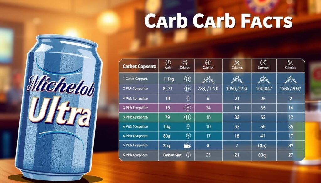 A detailed infographic-style illustration showcasing "Michelob Ultra Carb Facts." In the foreground, prominently feature a sleek, chilled Michelob Ultra beer can with condensation glistening on its surface, angled slightly to show the logo clearly. In the middle ground, display a visually engaging chart or list of carb facts, using vibrant colors and clear icons, indicating key nutritional information like carbohydrate content, calories, and serving size in a clean, minimalist layout. The background should be a soft-focus bar scene with warm ambient lighting that creates a cozy atmosphere. Use a slightly elevated angle to give depth to the composition, ensuring all elements are harmoniously balanced, inviting readers to explore the information in a refreshing context.