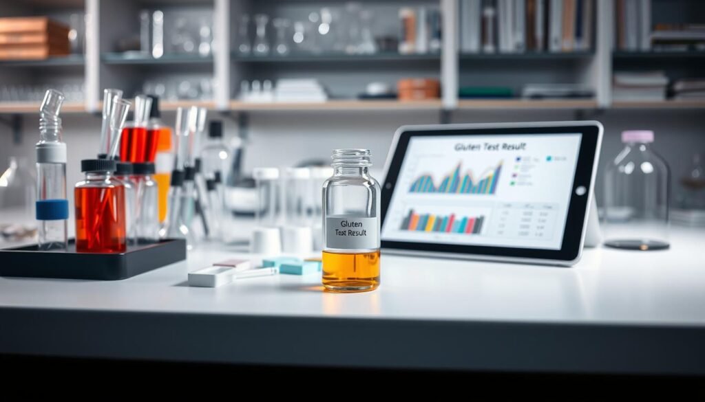 A detailed laboratory scene depicting gluten testing results on a clean, organized workspace. In the foreground, a clear glass vial containing a golden liquid, labeled "Gluten Test Result," stands prominently on a white laboratory surface. Beside it, an array of testing equipment, including pipettes and test strips, glints under soft, even lighting. In the middle ground, a digital tablet displays a colorful chart with gluten content analysis results, showcasing visual data interpretation. The background features shelves filled with glassware and scientific books, emphasizing a professional atmosphere. The overall mood should convey precision and clarity, reflecting meticulous analysis in a bright and sterile lab environment. Use a shallow depth of field to focus on the vial and tablet, creating an engaging and informative visual narrative.