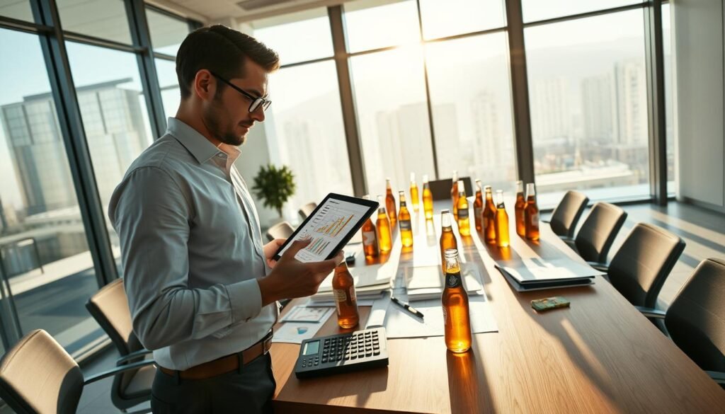 A dynamic and informative scene showcasing the market performance of Michelob Ultra. In the foreground, a professional market analyst reviewing colorful graphs and charts on a digital tablet, wearing smart casual attire. In the middle, a conference table cluttered with business reports, beer bottles, and a calculator, symbolizing industry analysis. The background features a sleek office environment with large windows, sunlight streaming in, providing a bright and optimistic atmosphere. Soft shadows play across the room, highlighting the seriousness of the analysis while maintaining a lively ambiance. The entire image is shot with a wide-angle lens, capturing the energy of the buzzing market dynamics while emphasizing the focus on Michelob Ultra's standing in the industry.