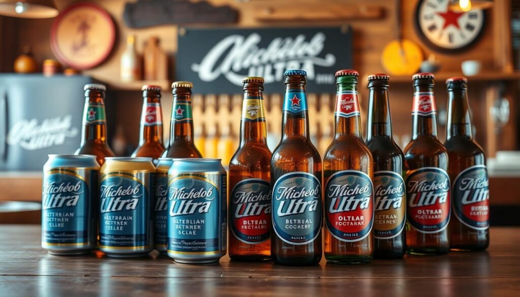 A dynamic layout featuring a selection of Michelob Ultra beer cans and bottles in a vibrant display. In the foreground, an array of colorful cans and sleek glass bottles rests on a wooden table, with their labels clearly visible, showcasing the iconic Michelob Ultra branding. The middle ground includes a soft-focus background of a rustic bar setting, with warm wood tones and subtle beer-related décor. The lighting is warm and inviting, creating a cozy atmosphere, as if captured during a late afternoon gathering. Shot from a slightly elevated angle to provide depth, the image conveys a relaxed yet lively mood, ideal for illustrating the debate between cans and bottles. No text or overlays present.