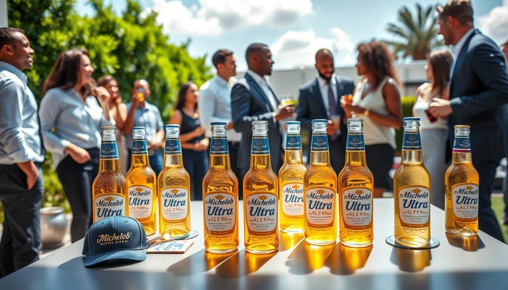 A dynamic marketing scene featuring a Michelob Ultra promotional event. In the foreground, a stylishly arranged display of Michelob Ultra bottles and branded merchandise, such as caps and coasters, on a sleek, modern table. The middle ground showcases a group of diverse professionals in smart casual attire engaging and conversing while enjoying the beer, radiating an atmosphere of camaraderie and celebration. In the background, a vibrant outdoor setting, with greenery and blue skies, enhances the mood of a fun summer day. Soft, natural lighting highlights the products and the social interaction, captured from a slightly elevated angle to provide a clear view of the scene. The overall mood conveys a sense of health-conscious enjoyment and cultural relevance, aligning with Michelob Ultra's branding as a light, refreshing beer.