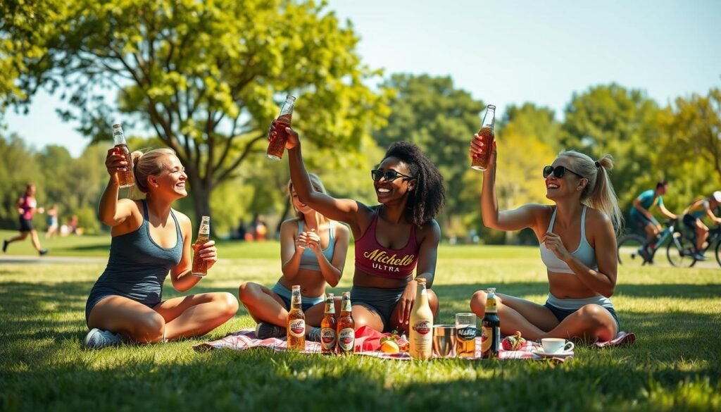 A dynamic outdoor scene showcasing an active lifestyle reflecting the Michelob Ultra brand. In the foreground, a diverse group of four friends, dressed in stylish yet modest athletic wear, are enjoying a picnic on a sunlit grassy area, laughing and raising their bottles of Michelob Ultra. The middle ground features a picturesque park setting with joggers and cyclists in motion, emphasizing health and fitness. In the background, lush green trees and a clear blue sky create a vibrant atmosphere. Capture the scene in warm, natural lighting, with a shallow depth of field to focus on the friends while softly blurring the park activity. The mood should be uplifting and energetic, celebrating a balanced and active lifestyle.