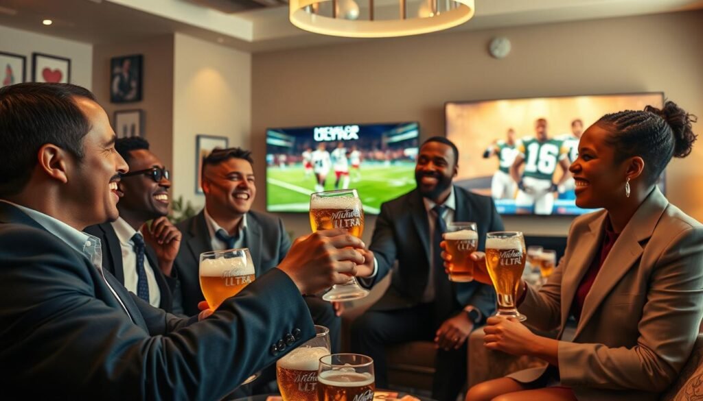 A dynamic scene depicting a Super Bowl commercial setting, featuring a diverse group of actors in professional business attire cheerfully engaging in conversation over ice-cold Michelob Ultra beers. In the foreground, one actor raises a glass while others share laughter, showcasing camaraderie. The middle ground reveals a chic, modern living room adorned with subtle sports memorabilia, emphasizing the celebratory atmosphere. The background features a large, illuminated TV screen displaying a vibrant, eye-catching Michelob Ultra ad. Soft, warm lighting creates an inviting ambiance, while a wide-angle lens captures the entire scene in high definition. The overall mood is joyful and festive, highlighting the creative storytelling and engaging visual themes associated with celebrity partnerships in advertisements.