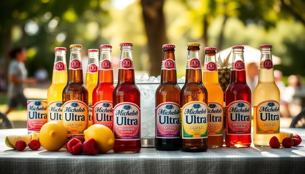 A high-quality image featuring a beautifully styled table setting with various Michelob Ultra beer bottles and their appealing flavors, such as berry, citrus, and tropical, prominently displayed in the foreground. The bottles should be arranged artistically alongside fresh fruits that reflect the flavors, like raspberries, lemons, and pineapples. In the middle ground, a chilled ice bucket adds an element of refreshment, while soft natural lighting creates a warm, inviting atmosphere. The background features a blurred outdoor scene, perhaps a sunny park during summer, enhancing the sense of enjoyment and leisure. The overall mood should be cheerful and vibrant, capturing the essence of the evolving Michelob Ultra flavors and their connection to refreshing experiences.