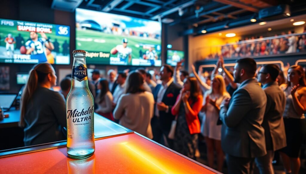 A modern digital integration scene showcasing Michelob Ultra’s branding within a vibrant sports fan engagement platform. In the foreground, a sleek bar setting with a cold Michelob Ultra bottle on a counter, glistening under warm, ambient lighting. The middle ground features a diverse group of fans wearing smart casual attire, engaged with dynamic digital screens displaying interactive advertisements and social media feeds related to the Super Bowl. In the background, a lively crowd cheers in a well-lit sports bar environment, with banners and colorful lighting enhancing the festive atmosphere. Capture the essence of excitement and community, using a slightly elevated angle to emphasize the interaction between fans and digital displays, with a focus on clarity and vivid colors to create an inviting, energetic mood.