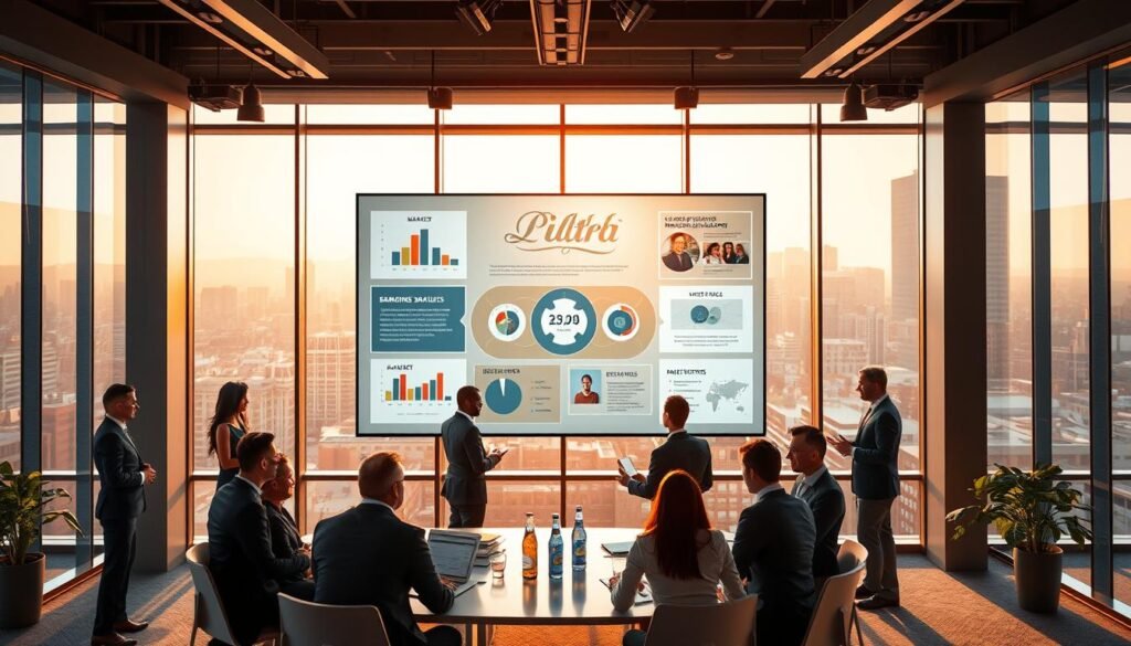 A modern, vibrant office environment illustrative of strategic marketing and brand positioning. In the foreground, a diverse group of professionals in smart business attire engaged in a brainstorming session, surrounded by charts and graphs representing market trends and brand analysis. The middle layer features a large, interactive digital display showcasing the Michelob Ultra branding strategy, with visual elements highlighting target demographics and market positioning. In the background, large windows reveal a city skyline, bathed in warm, natural light of late afternoon, creating an energetic and optimistic atmosphere. The scene is captured with a wide-angle lens, emphasizing teamwork and creativity in a dynamic corporate setting. The overall mood is collaborative and innovative, reflecting the essence of strategic marketing in the beverage industry.