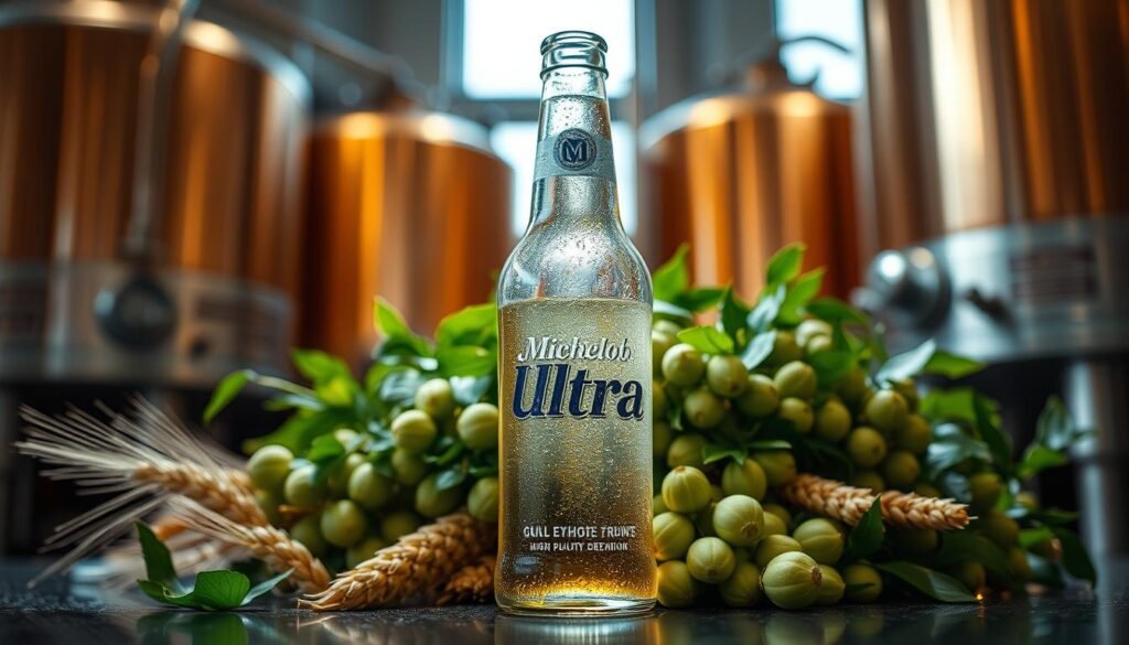 A pristine bottle of Michelob Ultra sits prominently in the foreground, with glistening condensation droplets covering its smooth glass surface, reflecting light beautifully. The label is clearly visible, showcasing its iconic brand. In the middle ground, lush barley and fresh hops are artistically arranged, representing the high-quality ingredients utilized in the brewing process. Soft, natural lighting bathes the scene, highlighting the earthy tones of the grains and greens of the hops. The background features a picturesque brewery setting, with copper brewing kettles slightly blurred to establish depth. The overall atmosphere feels refreshing and inviting, encapsulating the essence of quality craftsmanship and the brewing tradition behind Michelob Ultra. The composition maintains a clean and professional look, free from distractions like text or watermarks.
