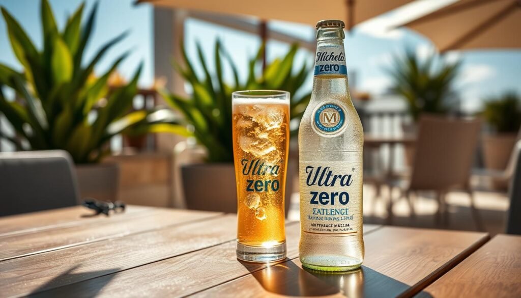 A refreshing bottle of Michelob Ultra Zero, elegantly placed on a sleek wooden table, glistening with condensation. The foreground features the bottle in sharp focus, showcasing its clear label and vibrant packaging. In the middle ground, a tall, frosty glass filled with sparkling, golden liquid sits next to the bottle, with bubbles rising to the surface, suggesting crispness. The background is softly blurred, depicting a sunny outdoor patio, adorned with green plants and a bright blue sky, creating an inviting atmosphere. The lighting is warm and natural, casting gentle shadows that enhance the refreshing vibes. The overall mood is one of leisure and enjoyment, perfect for savoring a cold drink on a sunny day.