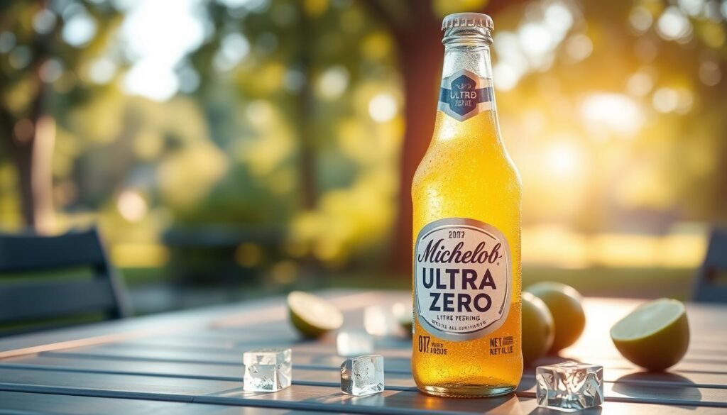 A refreshing bottle of Michelob Ultra Zero sits prominently in the foreground, glistening with condensation. The label is clearly visible, showcasing its branding against the backdrop of a stylish outdoor picnic table. Surrounding the bottle are fresh limes and a few scattered ice cubes, emphasizing its crisp and refreshing nature. In the middle ground, a blurred view of a sunny park with greenery and soft sunlight filtering through the leaves sets an inviting atmosphere. The lighting is warm and soft, casting gentle highlights on the glass bottle. The scene conveys a relaxed, summery mood, ideal for enjoying a beverage in good company. No text or logos should appear, keeping the focus purely on the bottle and the natural setting.