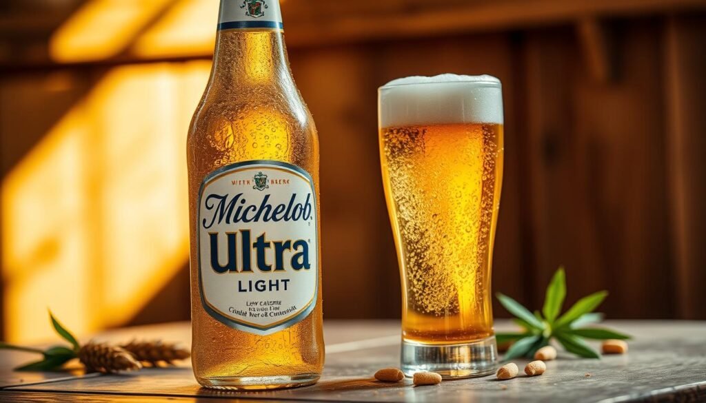 A refreshing bottle of Michelob Ultra light beer sits prominently in the foreground, glistening with condensation, showcasing its distinctive label and clear bottle. A frosty glass filled with the golden liquid is placed alongside, complete with a frothy white head. In the middle ground, a subtle blurred background features a rustic wooden table, enhancing the beer's artisanal vibe. Warm, natural lighting cascades from the left, creating soft highlights and shadows that emphasize the beer's crispness. The atmosphere is inviting and relaxed, suggesting a perfect moment for enjoyment. A few scattered barley grains and hops subtly enhance the scene, hinting at the beer's ingredients and underscoring its low-calorie appeal. The overall mood is refreshing, with a focus on the drink itself, detailed yet clean, ensuring no distractions from the main subject.
