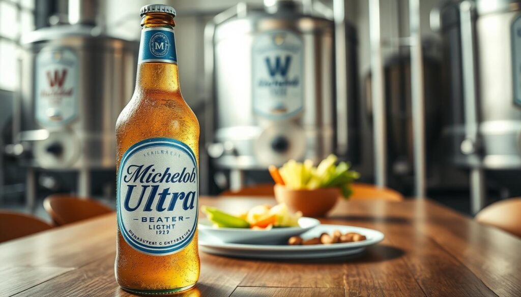 A refreshing bottle of Michelob Ultra stands prominently in the foreground, glistening with condensation under soft, natural lighting. The label on the bottle is clearly visible, emphasizing its signature blue and white colors. In the middle ground, an elegant wooden table houses a subtle arrangement of light snacks, like crisp vegetables and a plate of almonds, suggesting a health-conscious lifestyle. The background features a blurred brewery setting, with large stainless steel tanks and barrels, hinting at the beer's production process. The overall atmosphere is warm and inviting, evoking a sense of community and mindfulness about light beer consumption, while maintaining a professional and polished look suitable for an article.