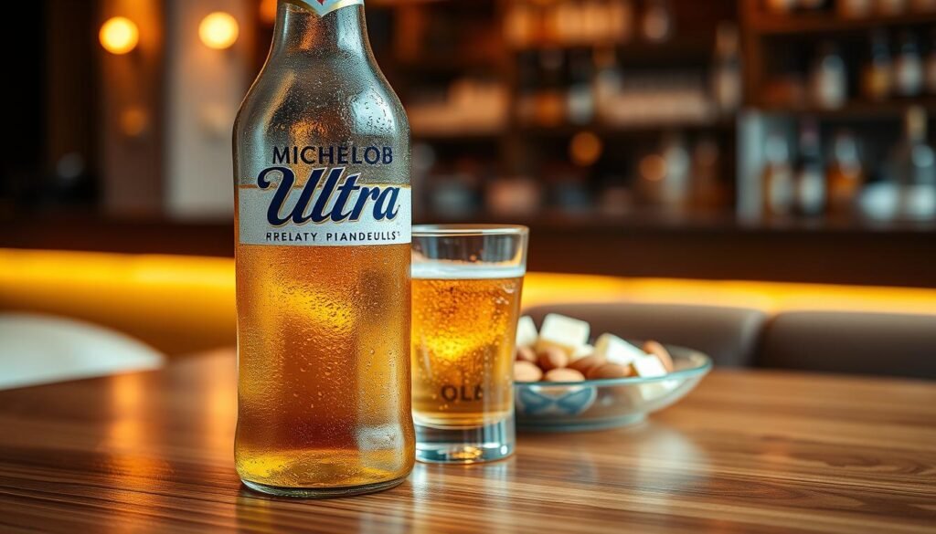A refreshing bottle of Michelob Ultra with condensation droplets glistening on the surface, placed on a polished wooden table in the foreground. The bottle is upright, showcasing the label clearly, while next to it, a small glass filled with the beer reveals its golden hue and bubbly carbonation. In the middle ground, a plate of assorted healthy snacks like almonds and cheese cubes complements the beer, emphasizing the nutritional aspect. The background features a blurred out cozy bar setting with warm ambient lighting, enhancing a relaxed atmosphere. The scene is captured in soft focus, with a shallow depth of field, evoking a sense of enjoyment and wellness, reflecting a premium yet health-conscious lifestyle.