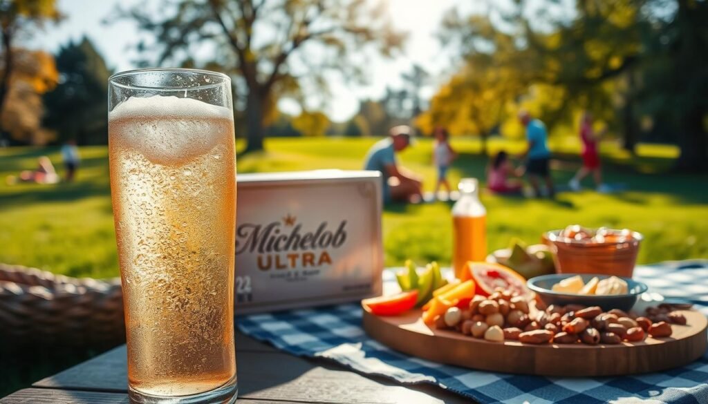 A refreshing light American lager, glistening in a frosted glass, stands prominently in the foreground, complete with droplets of condensation that give it a recently poured look. Adjacent to the lager, a stylish 24-pack of Michelob Ultra can be seen, enhancing the social aspect of the image. In the middle ground, a picnic table is set with healthy snacks—sliced fruits and nuts—suggesting an active lifestyle. The background features a vibrant park scene, with green grass, trees, and people dressed in casual athletic wear, enjoying outdoor activities. The lighting is warm and inviting, suggesting a sunny day, with a shallow depth of field to keep the focus on the lager and picnic setting. The overall mood is lively, social, and refreshed, perfectly encapsulating a day spent enjoying the outdoors.