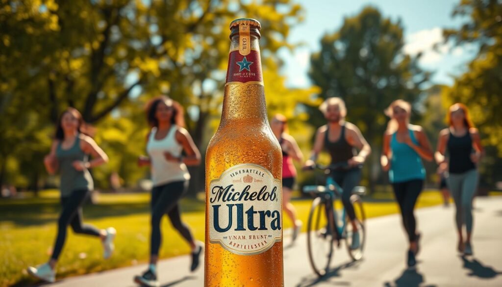 A refreshing scene depicting a tall, slender bottle of Michelob Ultra Beer prominently in the foreground, glistening with condensation. The middle ground shows an active, outdoor environment, featuring a group of diverse individuals engaging in a variety of healthy activities, such as jogging, cycling, and practicing yoga, dressed in stylish athletic wear. The background features a sunlit park with lush green trees and a clear blue sky, conveying a sense of vitality and balance. Soft golden lighting bathes the scene, emphasizing a warm, inviting atmosphere. The camera angle captures the action in a dynamic way, with a shallow depth of field to focus on the beer bottle, while the lively background hints at an active lifestyle.
