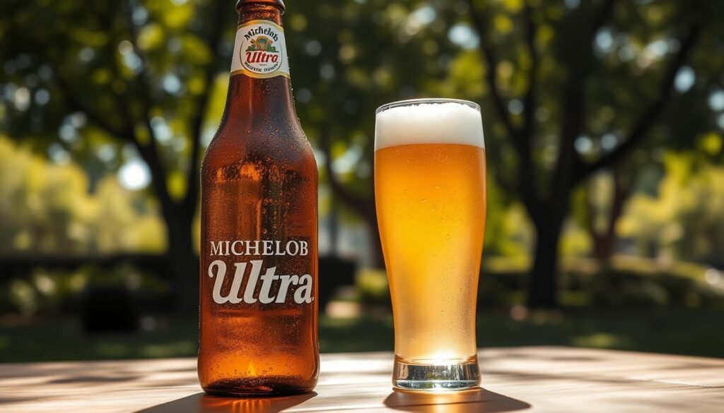 A refreshing scene featuring a chilled Michelob Ultra beer bottle and glass set against a wooden table. The foreground displays the bottle with condensation beads, emphasizing its refreshing nature, while a filled glass shows the light golden color of the beer, topped with a frothy white head. In the background, a soft-focus of a sunny park with lush greenery adds a vibrant atmosphere, suggestive of outdoor enjoyment. Natural sunlight filters through the leaves, casting dappled shadows on the table, enhancing the idea of a relaxing moment. The overall mood is bright and inviting, perfect for a casual gathering or unwinding after a workout, highlighting Michelob Ultra's low-calorie appeal. Capture this scene from a slight angle, focusing on the textures and colors that represent a balance of health and enjoyment.