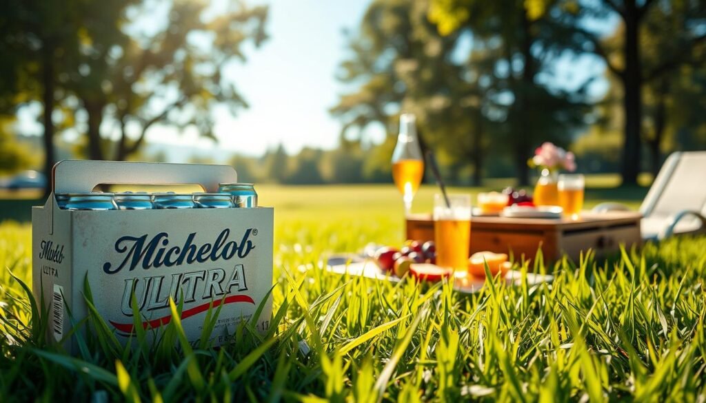 A refreshing scene featuring a chilled, frosty 12-pack of Michelob Ultra beer nestled in a bed of fresh green grass. In the foreground, a few cans are slightly ajar, with cold condensation glistening on their surfaces. In the middle, a wooden picnic table is set up with a stylish summer gathering, complete with an elegant platter of snacks and vibrant fruits. The background includes a sunlit park setting with soft-focus trees and a serene blue sky, conveying a warm and inviting atmosphere. The soft lighting captures the essence of a perfect summer day, enhancing the golden hues of the beer and the rich greens of nature. The image should evoke a sense of refreshing enjoyment and relaxation.