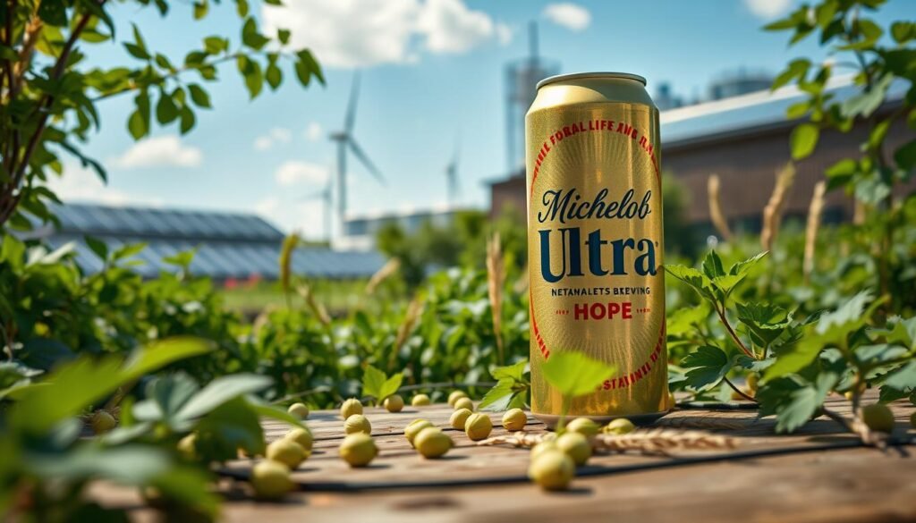 A serene outdoor setting showcasing a Michelob Ultra beer can surrounded by lush greenery and vibrant, healthy plants, symbolizing sustainability. In the foreground, the can sits on a rustic wooden table, partially obscured by a scattering of hops and barley. The middle ground features a modern brewing facility with solar panels and wind turbines, signifying eco-friendly practices. The background shows a bright blue sky with a few fluffy clouds. Soft, natural lighting bathes the scene, creating a warm, inviting atmosphere. The overall mood conveys hope and innovation in brewing, emphasizing a commitment to environmental responsibility. Capture this scene from a slightly elevated angle to enhance depth and focus on the harmonious blend of nature and industry.