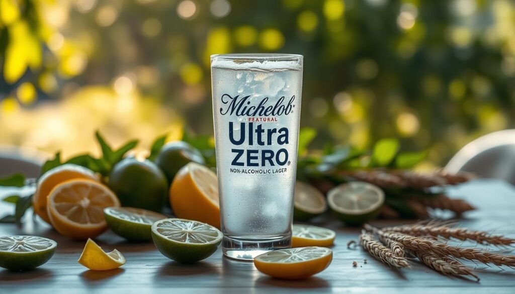 A serene table setting featuring a clear glass of Michelob Ultra Zero, with condensation glistening on its surface. The foreground includes fresh citrus fruits like lemons and limes, sliced to reveal their juicy interiors, hinting at the subtle aroma of citrus. In the middle ground, soft-focus green hops and barley create a harmonious backdrop, emphasizing the natural ingredients of the non-alcoholic lager. The background features a blurred sunny outdoor scene, suggesting a warm and inviting atmosphere, with soft golden light filtering through leaves. The entire image has a calm, refreshing vibe, inviting the viewer to experience the sensory profile in a visually appealing way.