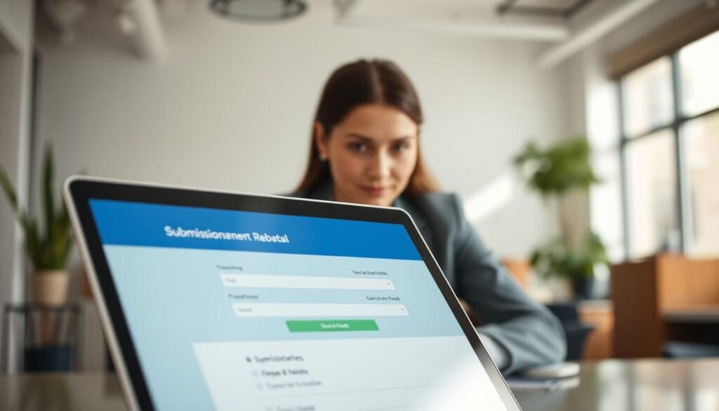 A sleek, modern digital submission portal interface displayed prominently in the foreground, showcasing a vibrant, user-friendly webpage with fields for inputting rebate information. In the middle ground, a professional individual in business attire focuses on a laptop screen, their confident expression indicating concentration and intent. The background fades into a softly blurred office setting, with subtle hints of greenery and natural light streaming through windows, creating an inviting atmosphere. The lighting is bright yet soft, emphasizing clarity and approachability. The angle captures the scene from slightly above the subject, drawing the viewer’s eye towards the digital portal. The overall mood is one of productivity and ease, making the task of submitting rebates feel straightforward and manageable.