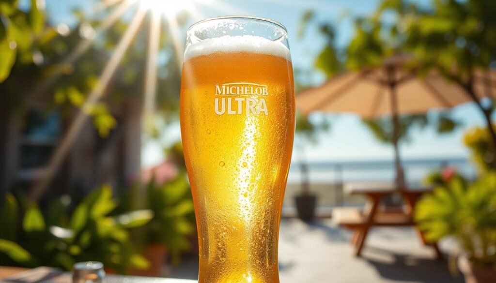 A stunning image capturing the essence of "ultra superior light," featuring a glass of Michelob Ultra Beer prominently in the foreground, glistening with condensation and filled to the brim with golden liquid. The beer is illuminated by soft, natural sunlight streaming down, casting a warm glow on the glass and highlighting the crisp bubbles. In the middle ground, a refreshing outdoor scene evokes a sense of relaxation—a sun-drenched patio with vibrant green foliage and blurred picnic tables. In the background, a clear blue sky enhances the uplifting and invigorating mood. The overall atmosphere conveys a sense of refreshment and joy, perfect for enjoying a crisp beer outdoors. The image should feel inviting, with an emphasis on the light and airy nature of the experience associated with Michelob Ultra.