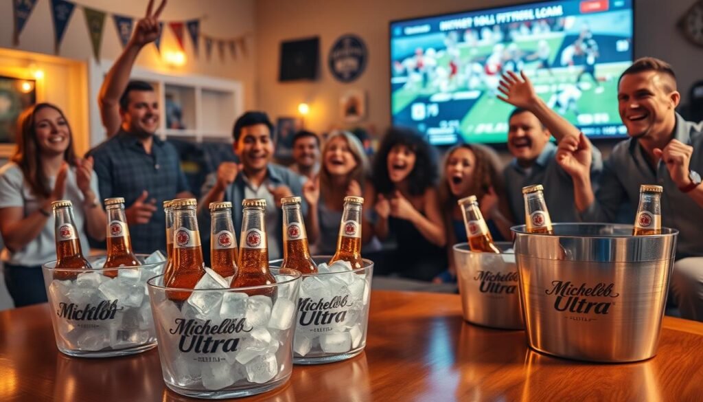 A vibrant and dynamic scene capturing the excitement of a Super Bowl party where guests enjoy Michelob Ultra beer. In the foreground, a polished wooden table adorned with ice buckets filled with frosty Michelob Ultra bottles, glistening under warm golden lighting. In the middle, a diverse group of friends, dressed in casual but neat attire, are animatedly cheering while watching the game on a large screen. Their expressions convey joy and camaraderie. The background features a decorated living room with football-themed decorations, team banners, and a flickering TV screen showcasing highlights of past Michelob Ultra commercials. The atmosphere is festive and energetic, evoking a sense of community celebration during the Super Bowl. Capture the scene with a slightly wide-angle lens to encompass the lively essence of the gathering.